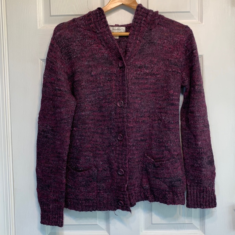 Dressbarn Hooded Cardigan Sweater Size M Purple Marled Wool Cottagecore Boho